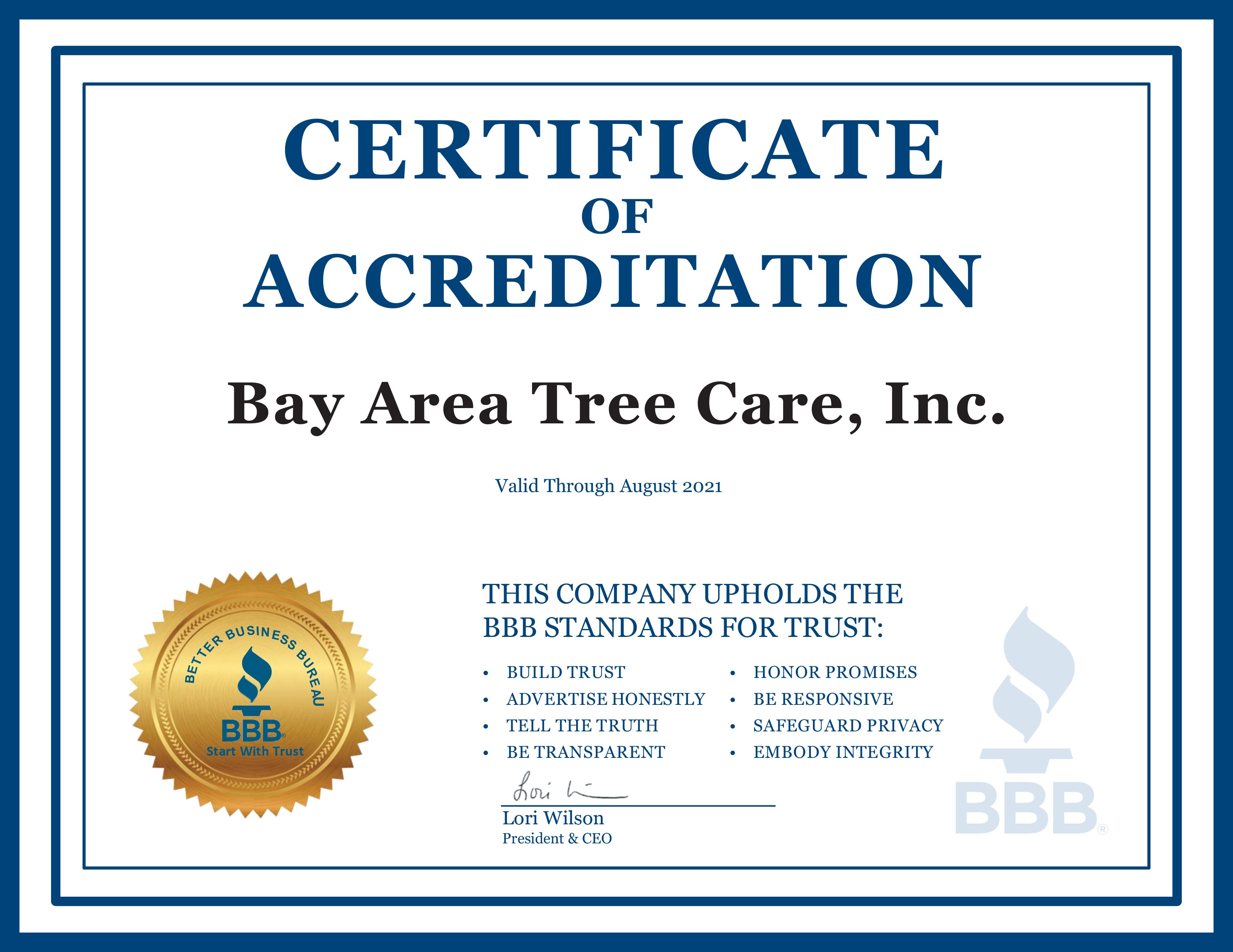 better business bureaus certificate